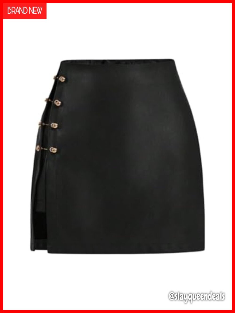 Women's Faux Leather A-Line Mini Skirt with Side Slit and Metallic Trim